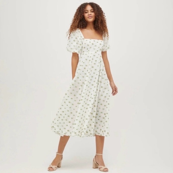 Hill House Dresses & Skirts - Hill House Cream Midi Dress with Green Floral Print, XS